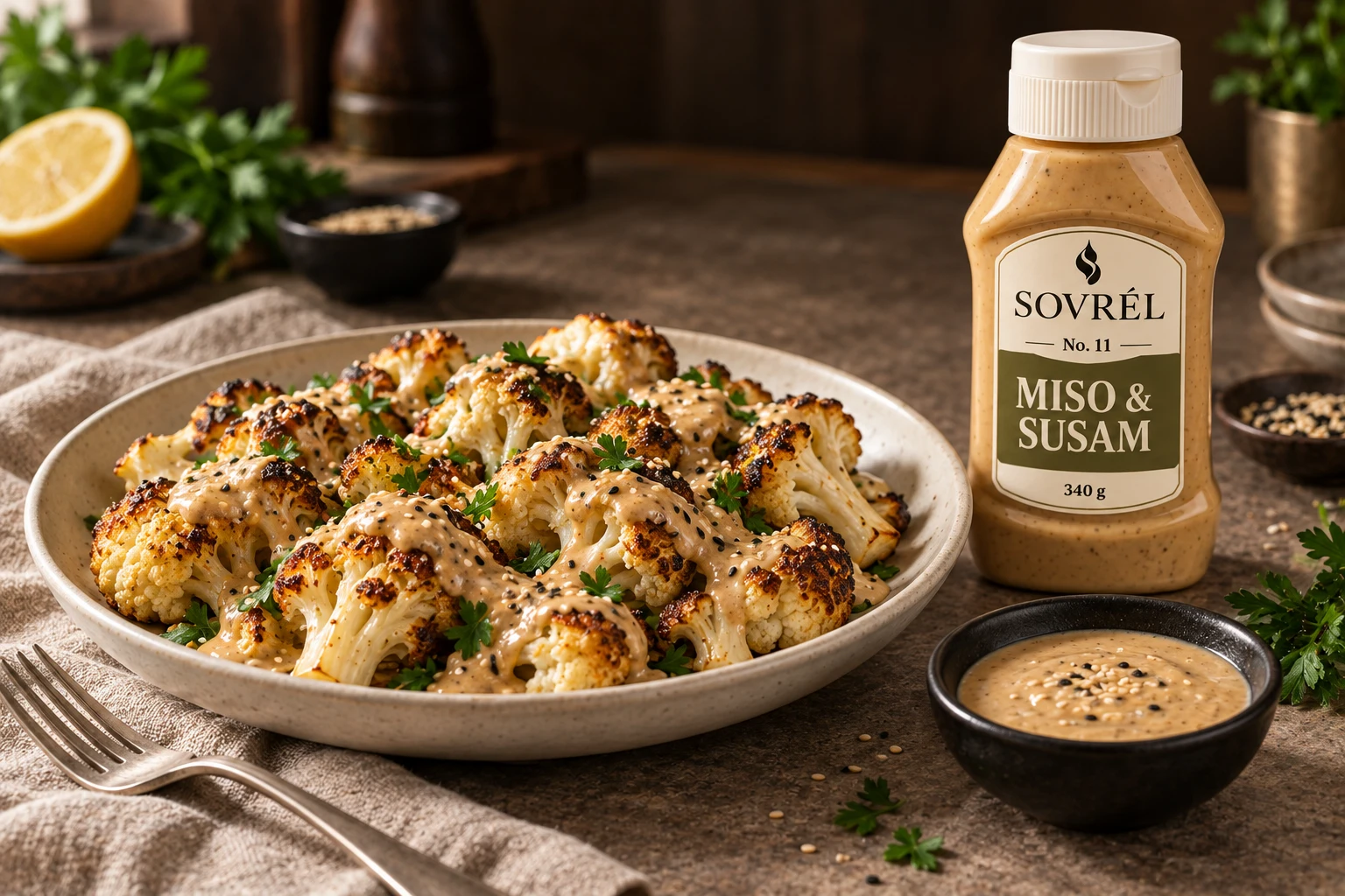 Miso ve susam soslu fırın karnabahar, siyah seramik tabakta