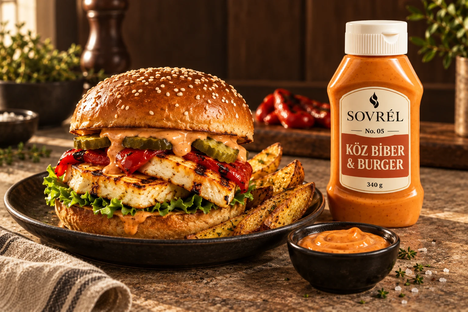 Köz biber soslu hellim burger ve çıtır patates sofrası